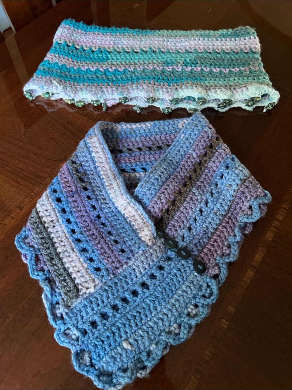 Handmade Crochet Scarf & shawl Set in Blue, Purple and Green one size fits all